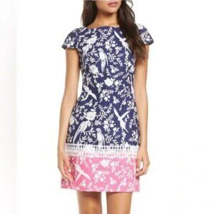 ELIZA J navy & pink parrot sheath dress, Sz 6.